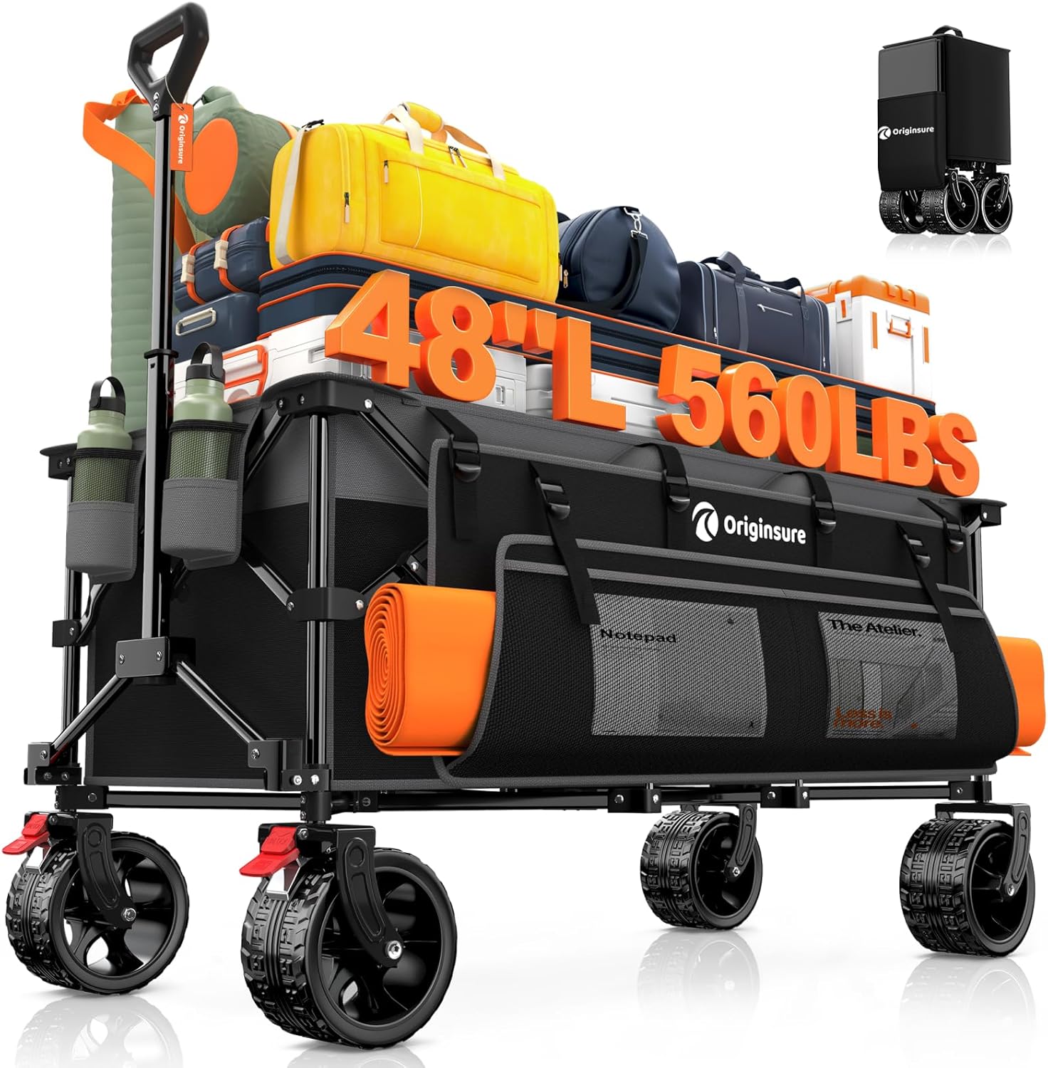 48 L Collapsible Wagon Cart Foldable  560LB Weight Capacity 300L Heavy Duty Folding Beach Wagons with Big All-Terrain Wheels  Utility Carts for Groceries  Shopping  Camping  Sports - Grey&Black