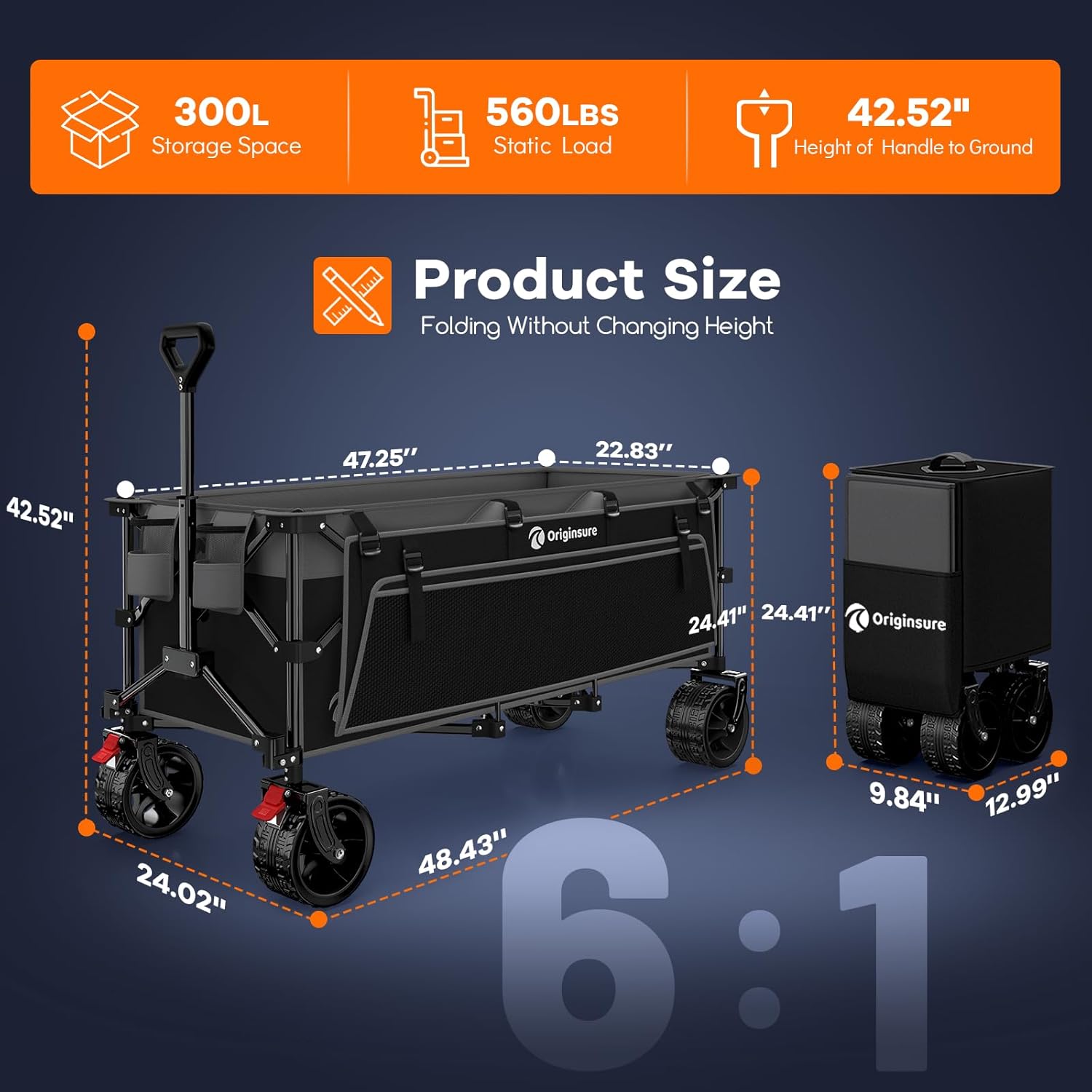 48 L Collapsible Wagon Cart Foldable  560LB Weight Capacity 300L Heavy Duty Folding Beach Wagons with Big All-Terrain Wheels  Utility Carts for Groceries  Shopping  Camping  Sports - Grey&Black