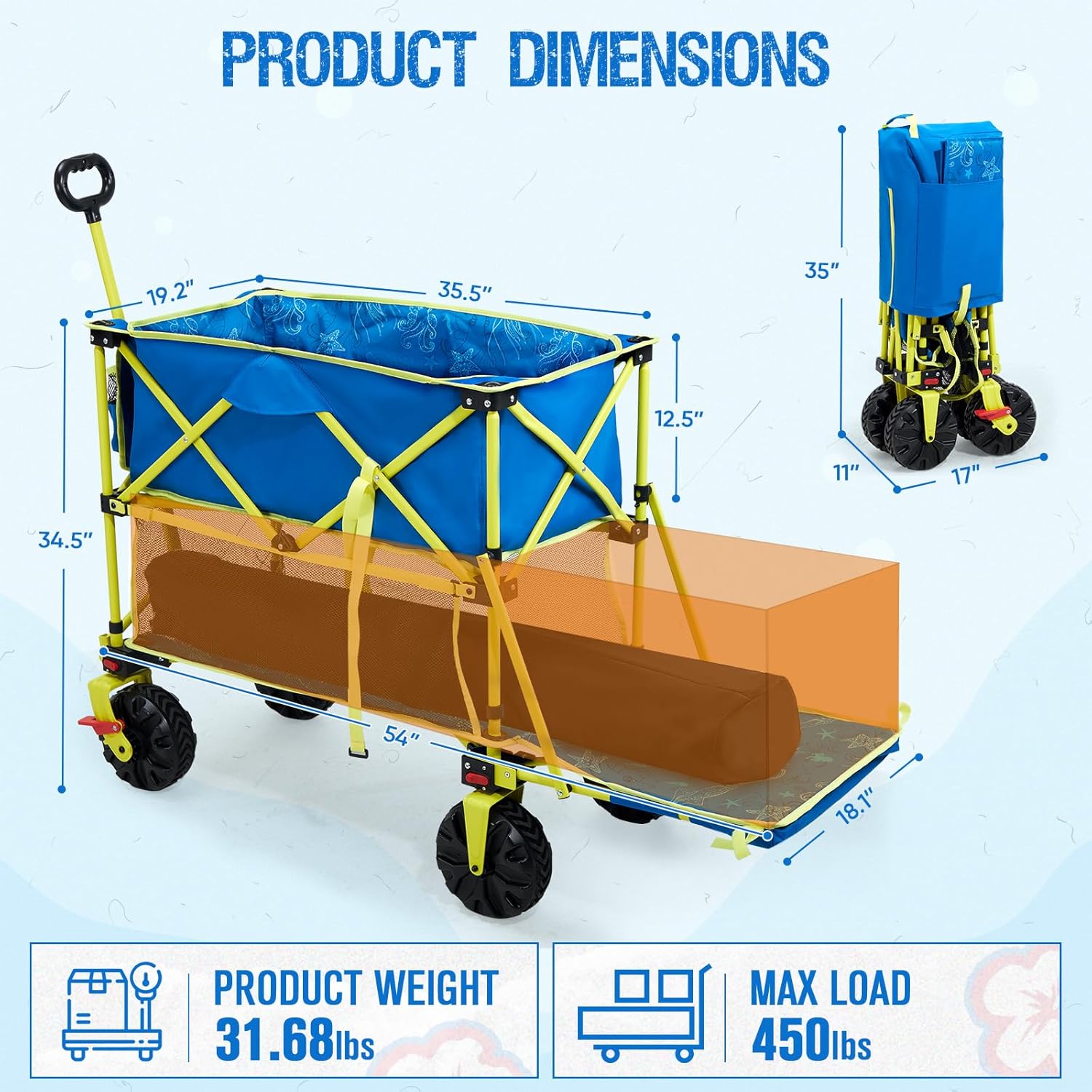 400L Collapsible Double Decker Beach Wagon with Brakes  Folding Beach Cart with 54 Extra Long Decker  450LBS Heavy Duty Wagon Chart with All-Terrain Big Wheels for Sand Camping Garden