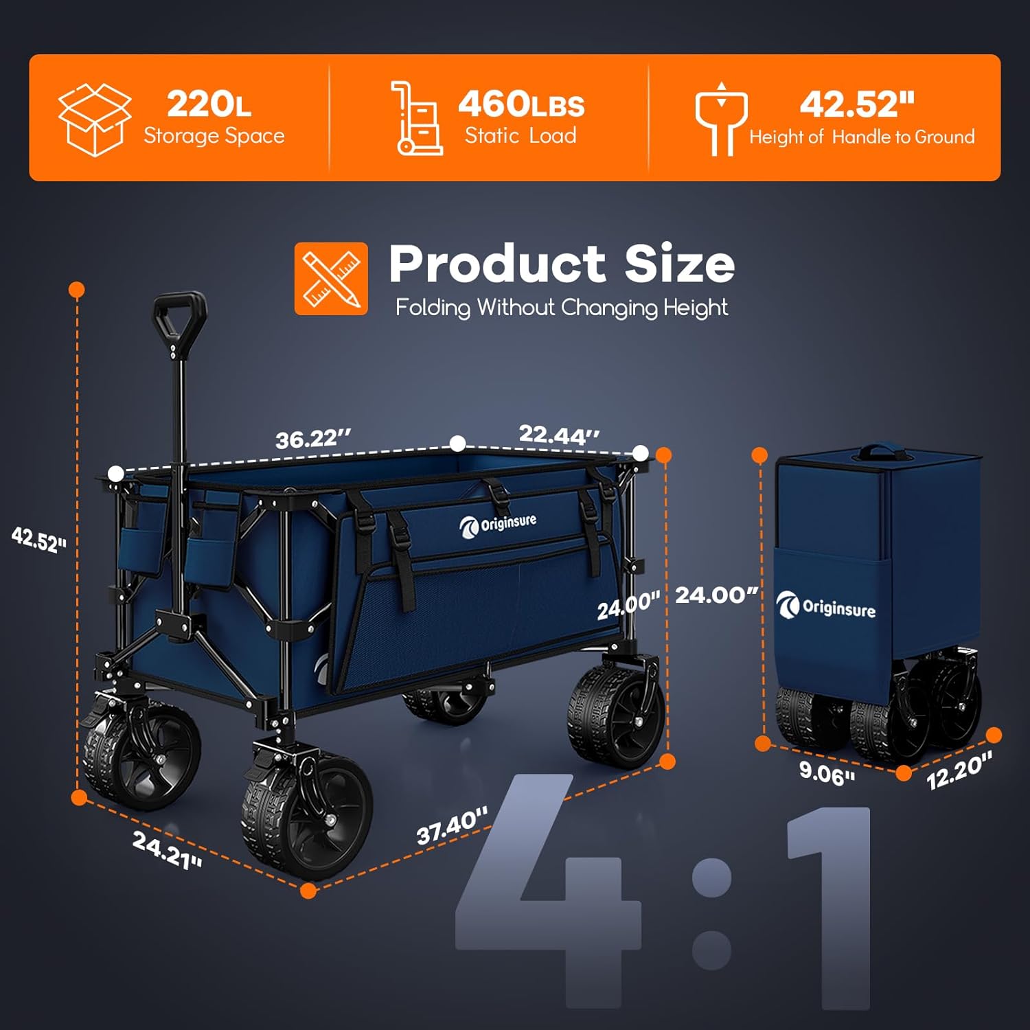 220L Collapsible Wagon Cart Foldable  460LB Load Capacity Heavy Duty Folding Beach Wagons with Big All-Terrain Wheels  Utility Carts for Groceries  Shopping  Camping  Sports - Blue
