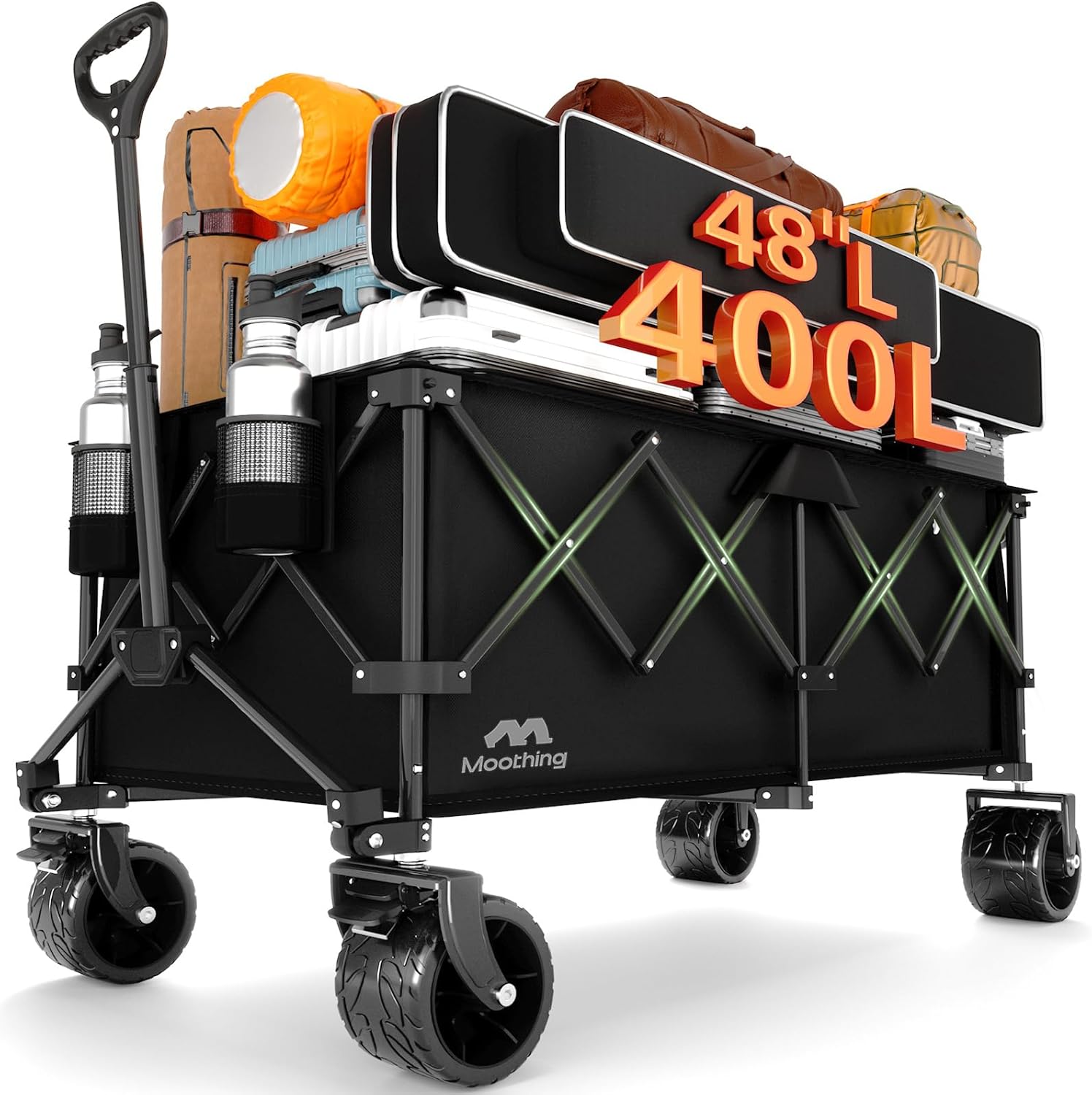 48¡±L Foldable Wagons Carts Extended  Collapsible Folding Wagon 500lbs Heavy Duty  400L Large Beach Wagon  Utility Wagon with All Terrain Big Wheels for Sports  Camping  Grocery  Garden  Black