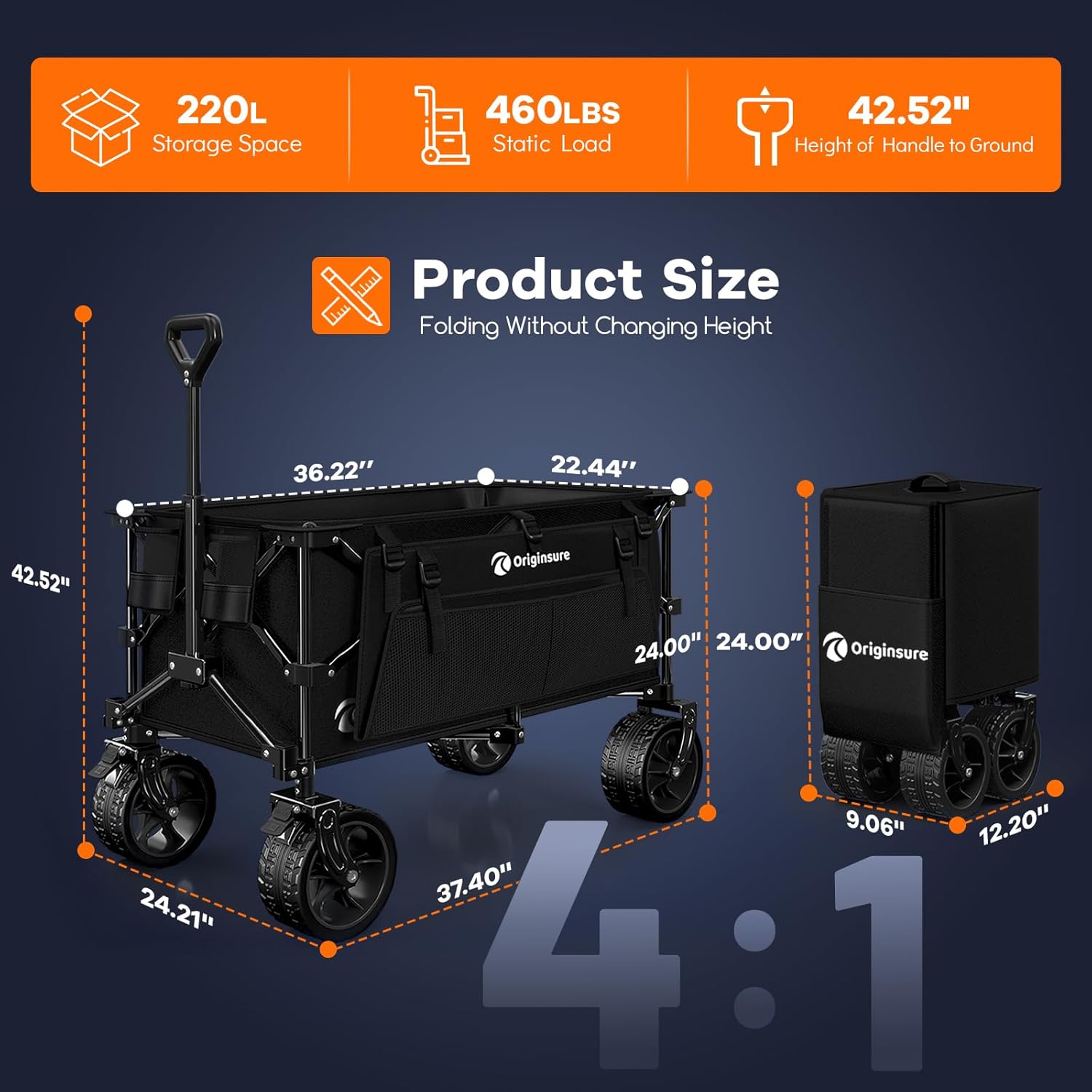 38L Collapsible Wagon Cart Foldable  460LB Weight Capacity 220L Heavy Duty Folding Beach Wagons with Big All-Terrain Wheels  Utility Carts for Groceries  Shopping  Camping  Sports - Black
