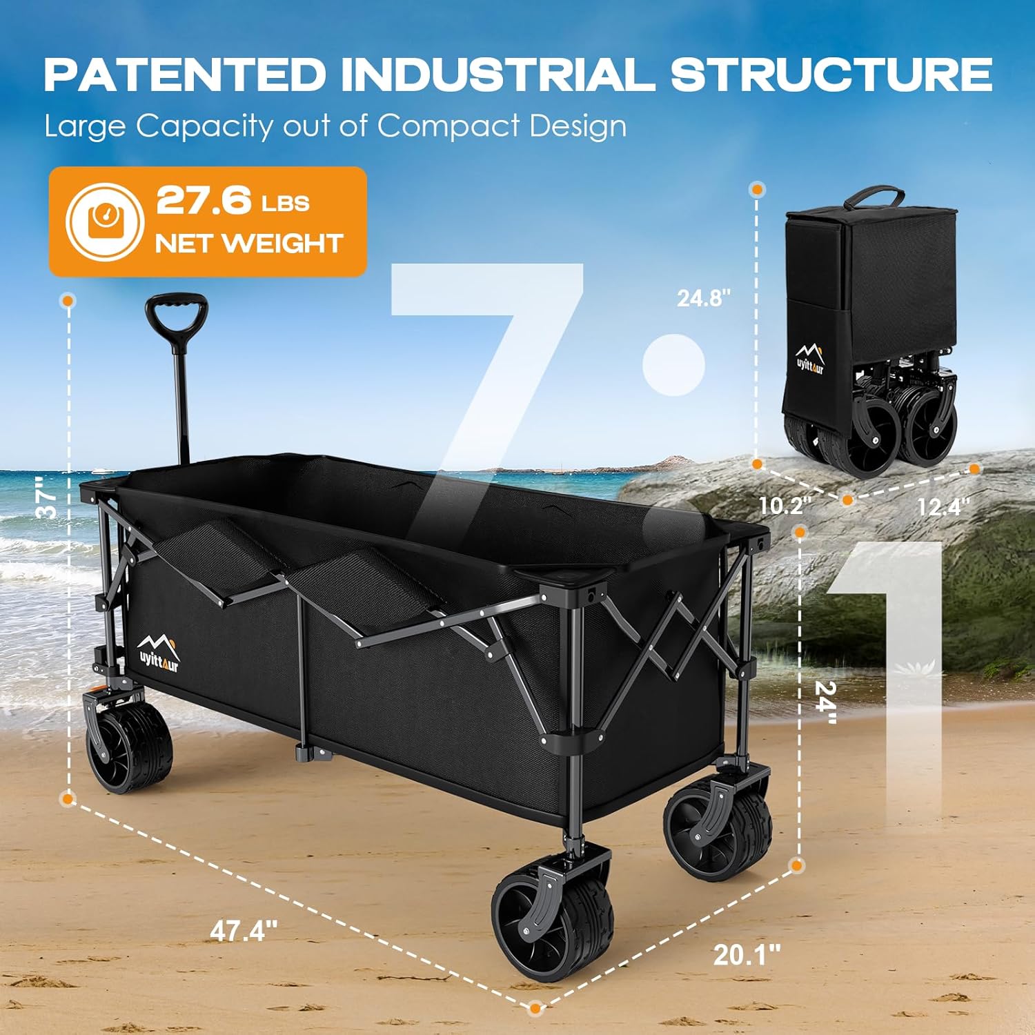 300L Extra Large Collapsible Foldable Wagon  440lbs Load Capacity 48''L Extended Heavy Duty Folding Beach Wagon with Big All-Terrain Wheels  Utility Garden Cart for Outdoor Activities  Black