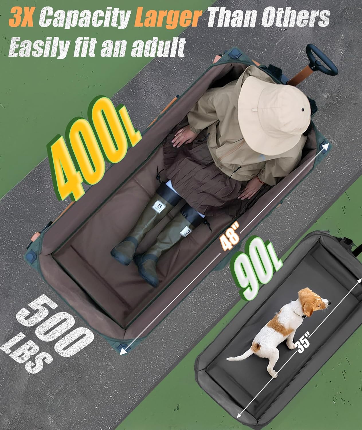 48¡±L Foldable Wagons Carts Extended  Collapsible Folding Wagon 500lbs Heavy Duty  400L Large Beach Wagon  Utility Wagon with All Terrain Big Wheels for Sports  Camping  Grocery  Garden  Green
