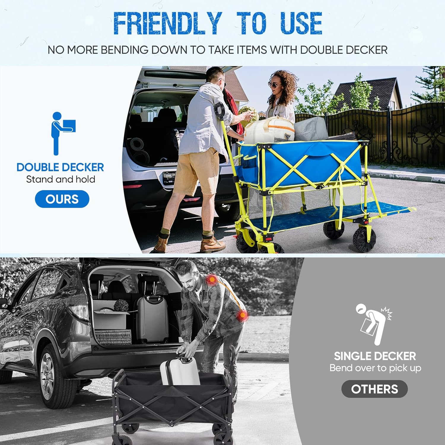 400L Collapsible Double Decker Beach Wagon with Brakes  Folding Beach Cart with 54 Extra Long Decker  450LBS Heavy Duty Wagon Chart with All-Terrain Big Wheels for Sand Camping Garden