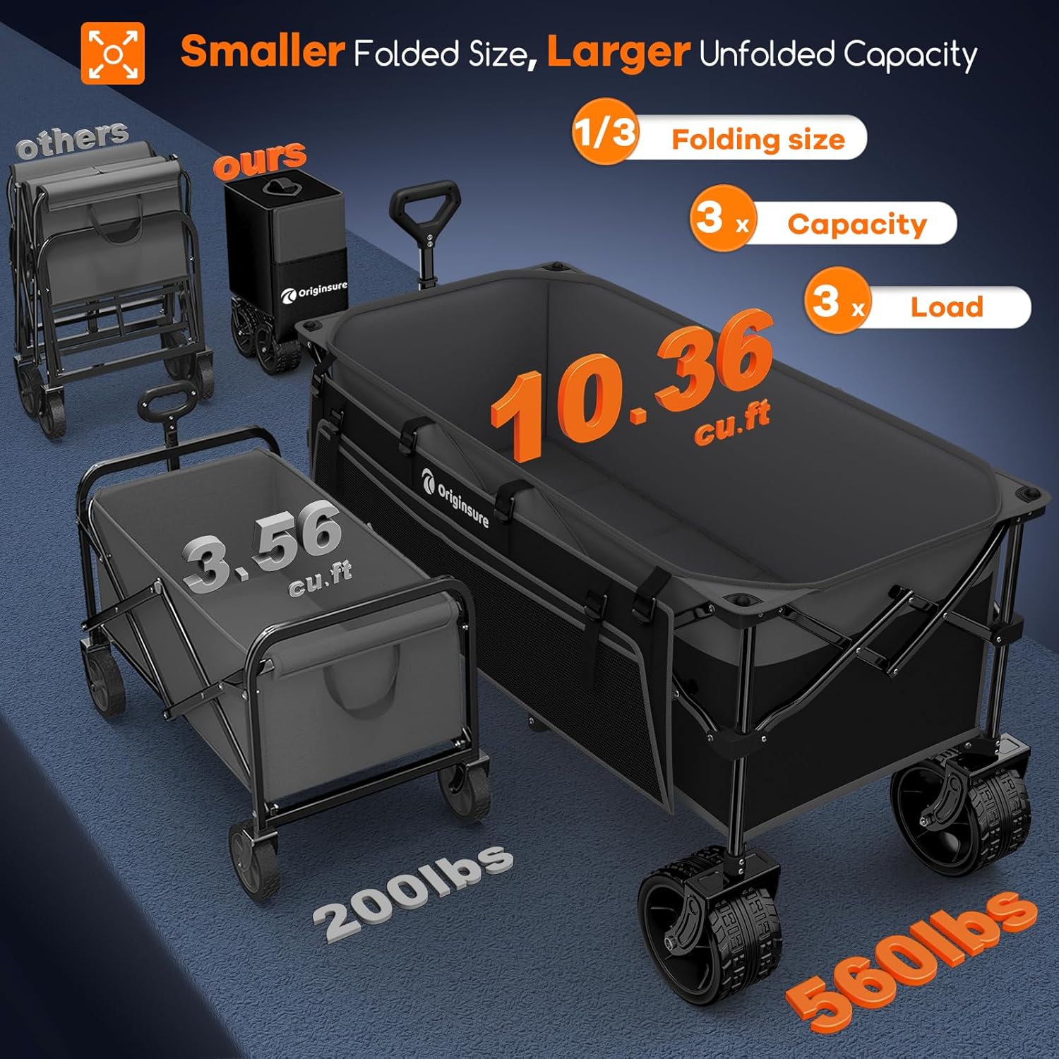 48 L Collapsible Wagon Cart Foldable  560LB Weight Capacity 300L Heavy Duty Folding Beach Wagons with Big All-Terrain Wheels  Utility Carts for Groceries  Shopping  Camping  Sports - Grey&Black