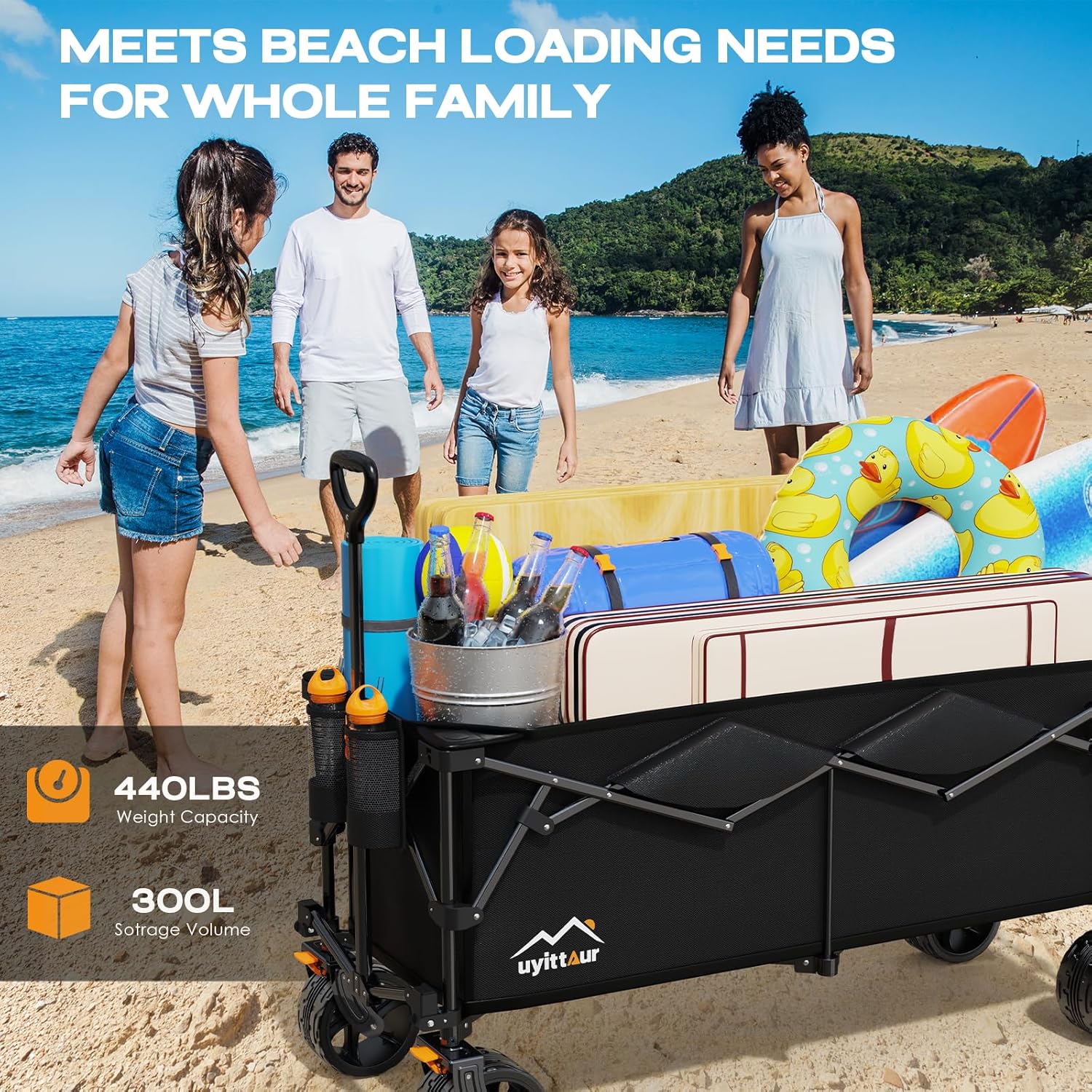 300L Extra Large Collapsible Foldable Wagon  440lbs Load Capacity 48''L Extended Heavy Duty Folding Beach Wagon with Big All-Terrain Wheels  Utility Garden Cart for Outdoor Activities  Black