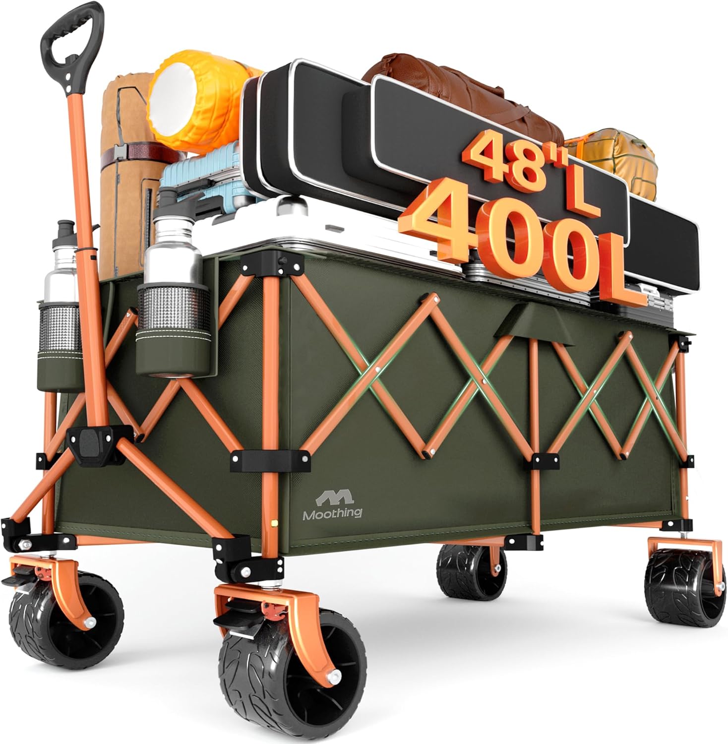 48¡±L Foldable Wagons Carts Extended  Collapsible Folding Wagon 500lbs Heavy Duty  400L Large Beach Wagon  Utility Wagon with All Terrain Big Wheels for Sports  Camping  Grocery  Garden  Green