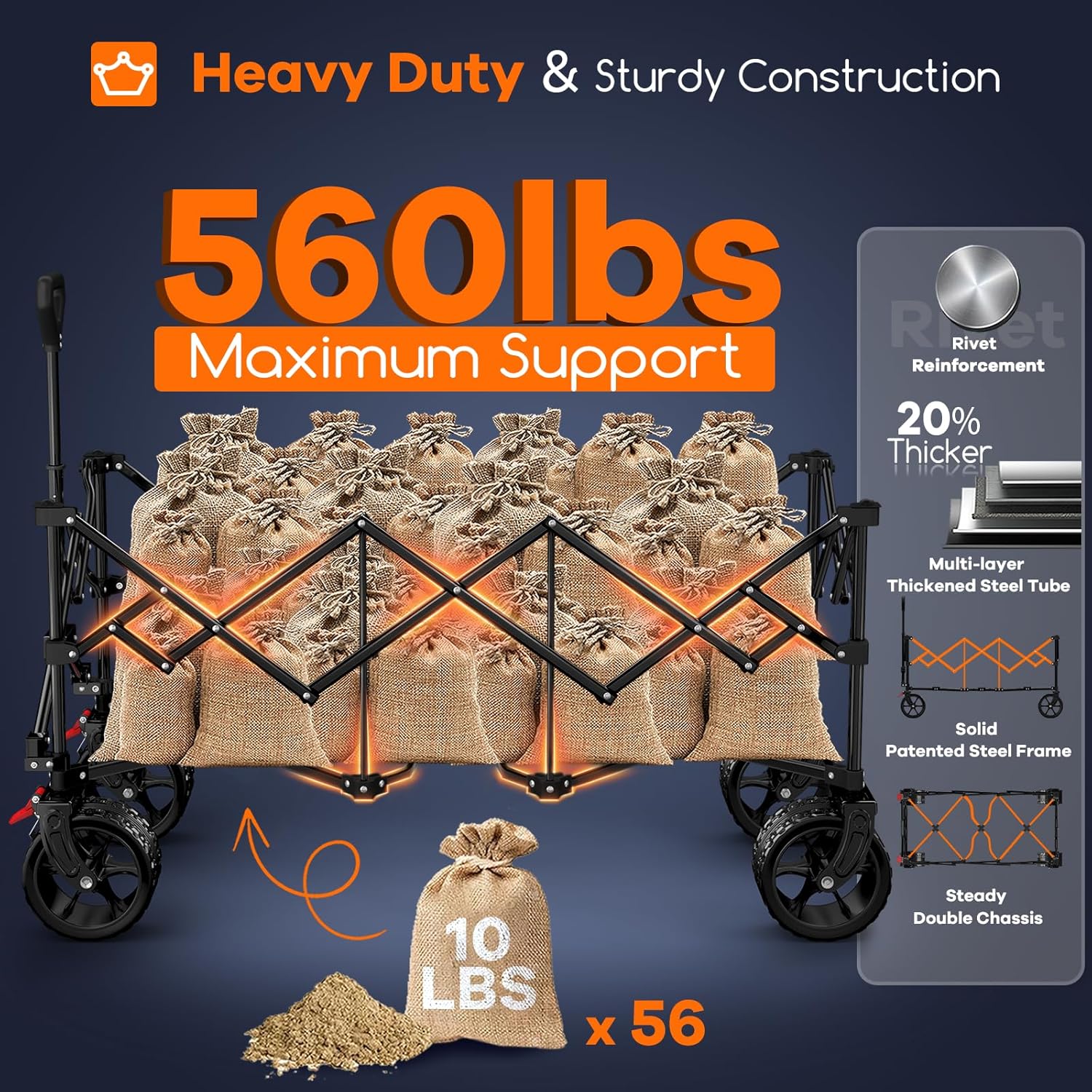 48 L Collapsible Wagon Cart Foldable  560LB Weight Capacity 300L Heavy Duty Folding Beach Wagons with Big All-Terrain Wheels  Utility Carts for Groceries  Shopping  Camping  Sports - Grey&Black