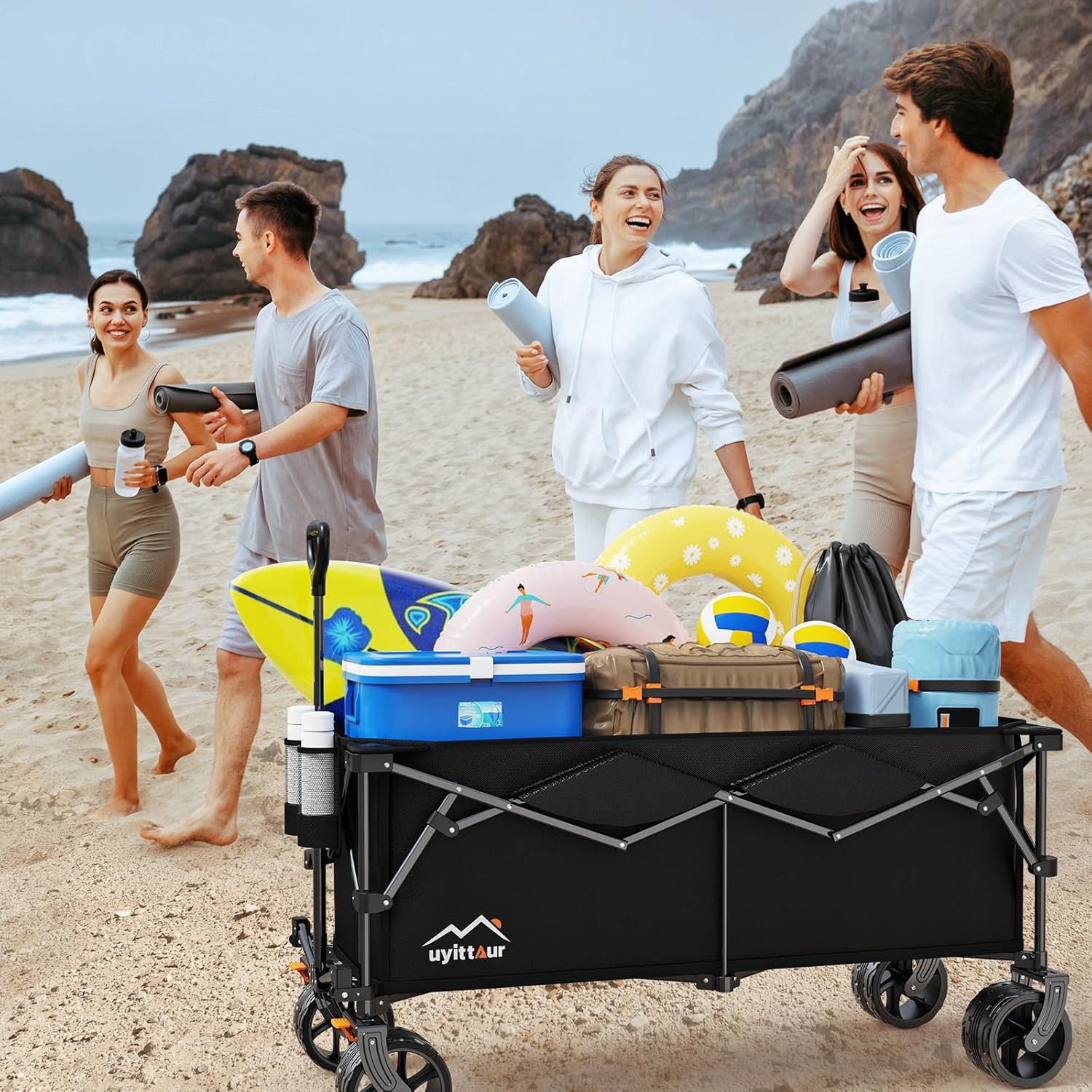 300L Extra Large Collapsible Foldable Wagon  440lbs Load Capacity 48''L Extended Heavy Duty Folding Beach Wagon with Big All-Terrain Wheels  Utility Garden Cart for Outdoor Activities  Black
