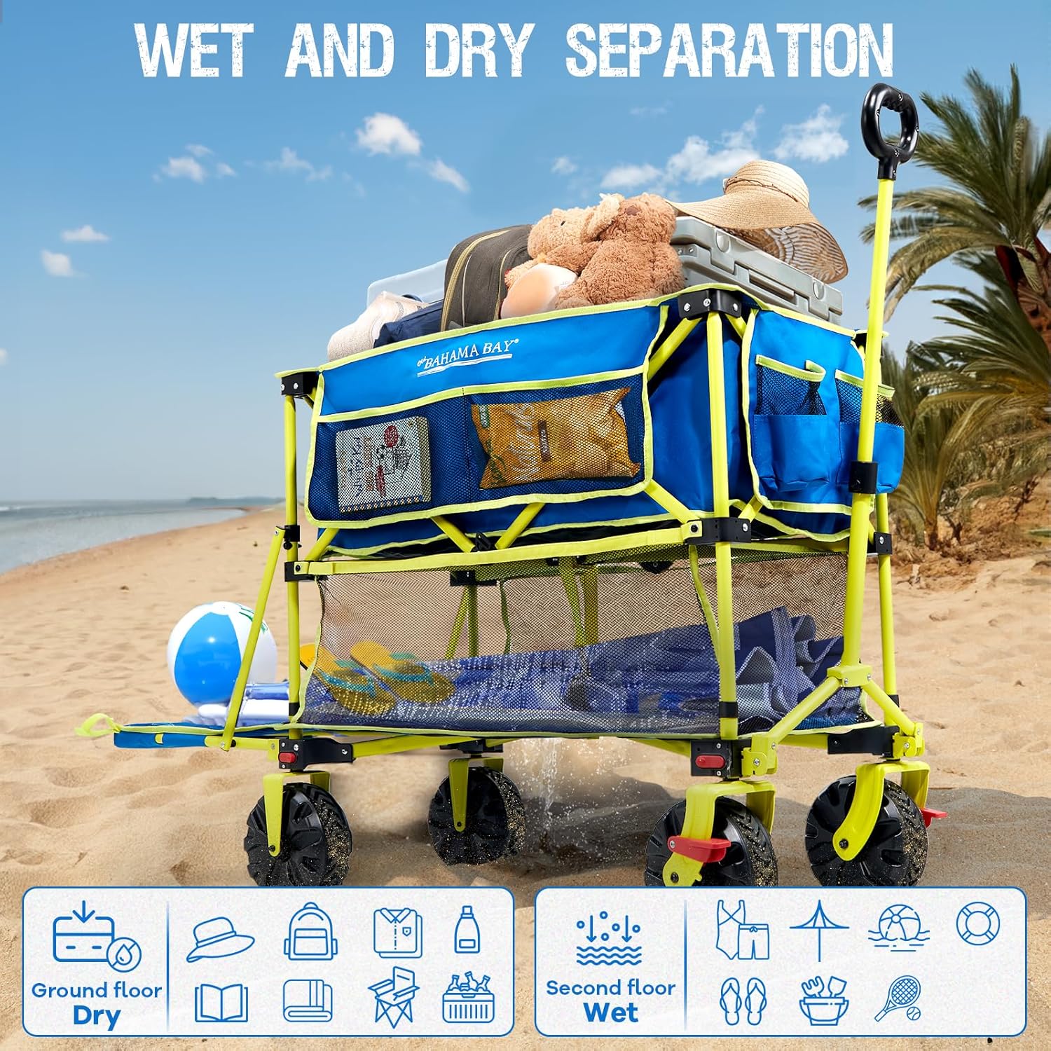 400L Collapsible Double Decker Beach Wagon with Brakes  Folding Beach Cart with 54 Extra Long Decker  450LBS Heavy Duty Wagon Chart with All-Terrain Big Wheels for Sand Camping Garden