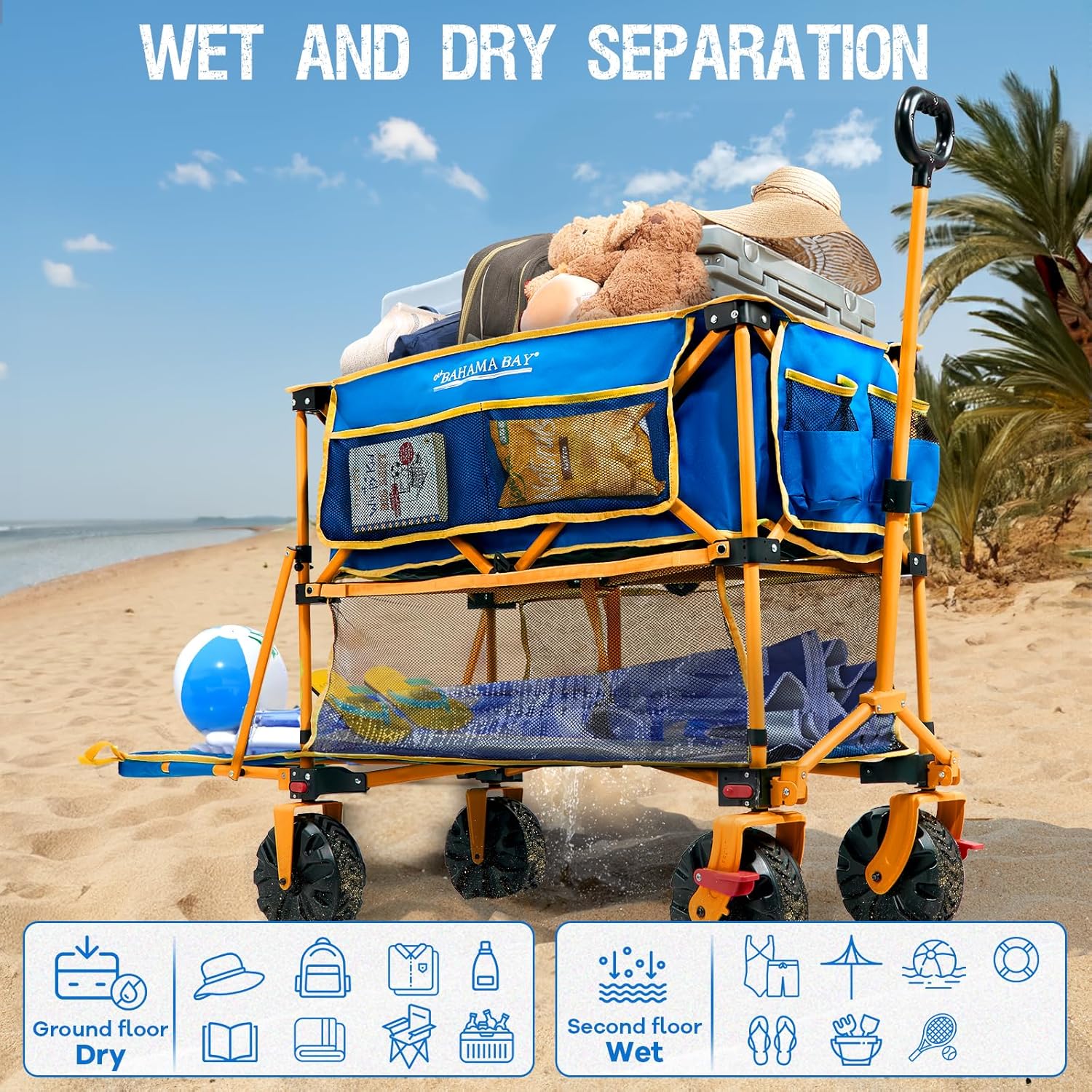 400L Collapsible Double Decker Beach Wagon with Brakes  Folding Beach Cart with 54 Extra Long Decker  450LBS Heavy Duty Wagon Chart with All-Terrain Big Wheels for Sand Camping Garden