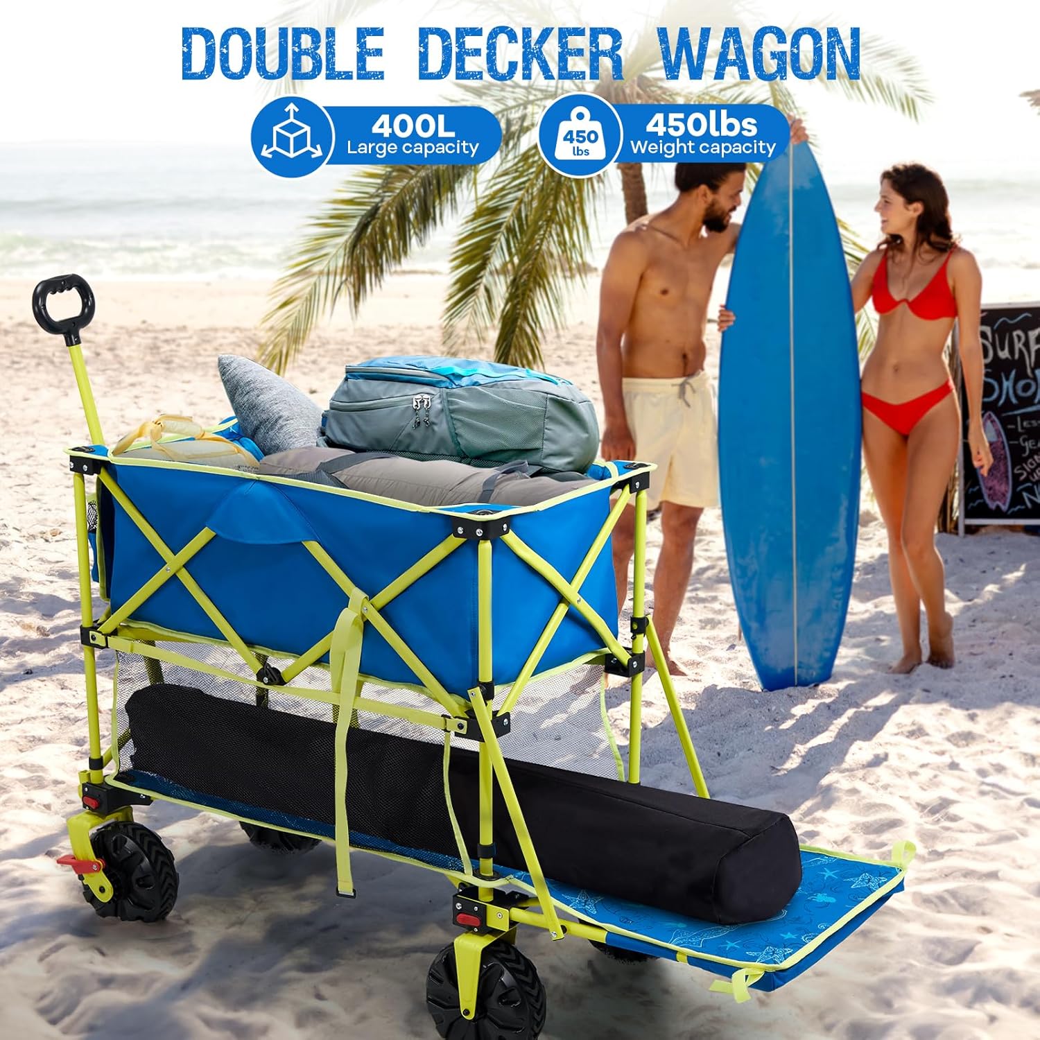 400L Collapsible Double Decker Beach Wagon with Brakes  Folding Beach Cart with 54 Extra Long Decker  450LBS Heavy Duty Wagon Chart with All-Terrain Big Wheels for Sand Camping Garden