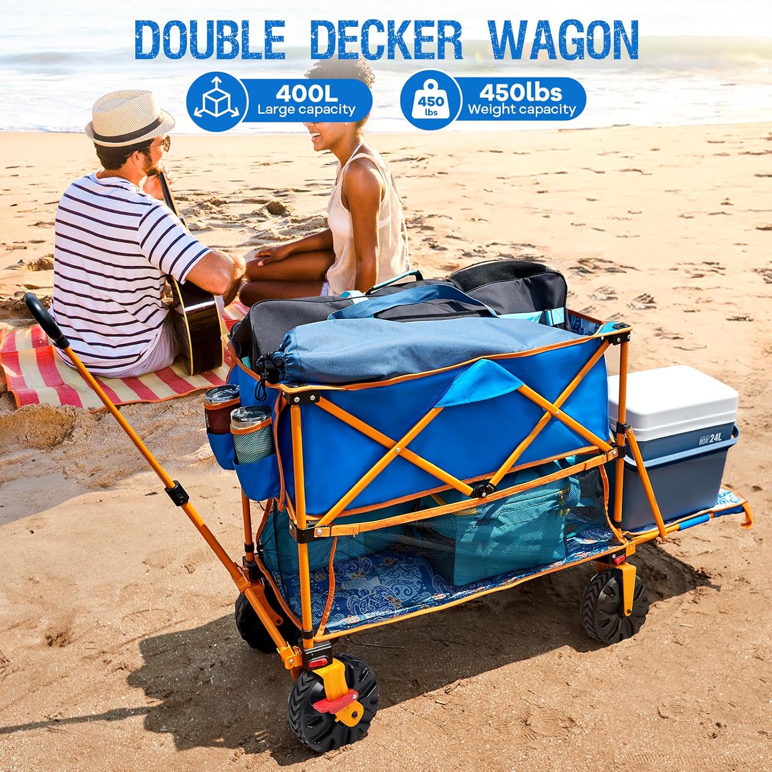 400L Collapsible Double Decker Beach Wagon with Brakes  Folding Beach Cart with 54 Extra Long Decker  450LBS Heavy Duty Wagon Chart with All-Terrain Big Wheels for Sand Camping Garden