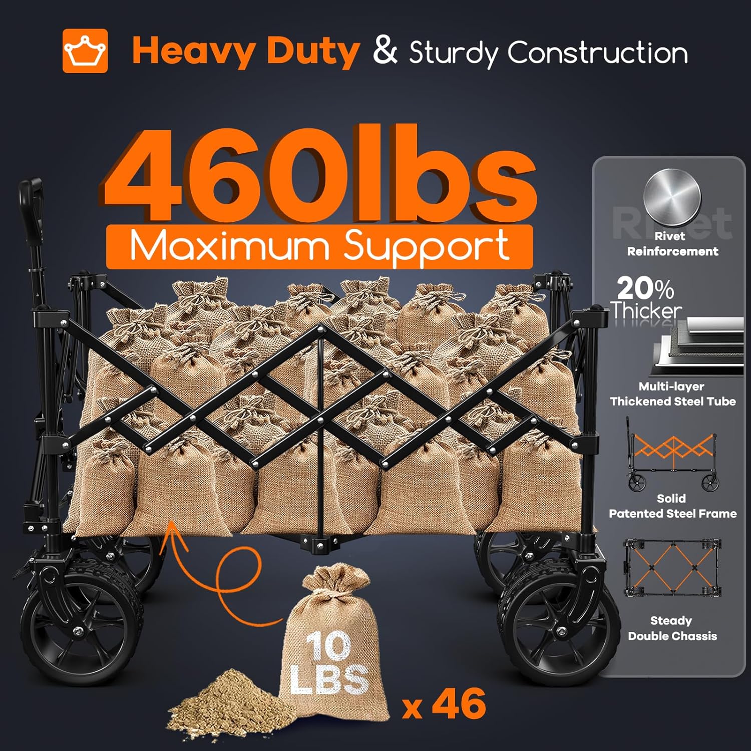 220L Collapsible Wagon Cart Foldable  460LB Load Capacity Heavy Duty Folding Beach Wagons with Big All-Terrain Wheels  Utility Carts for Groceries  Shopping  Camping  Sports - Blue