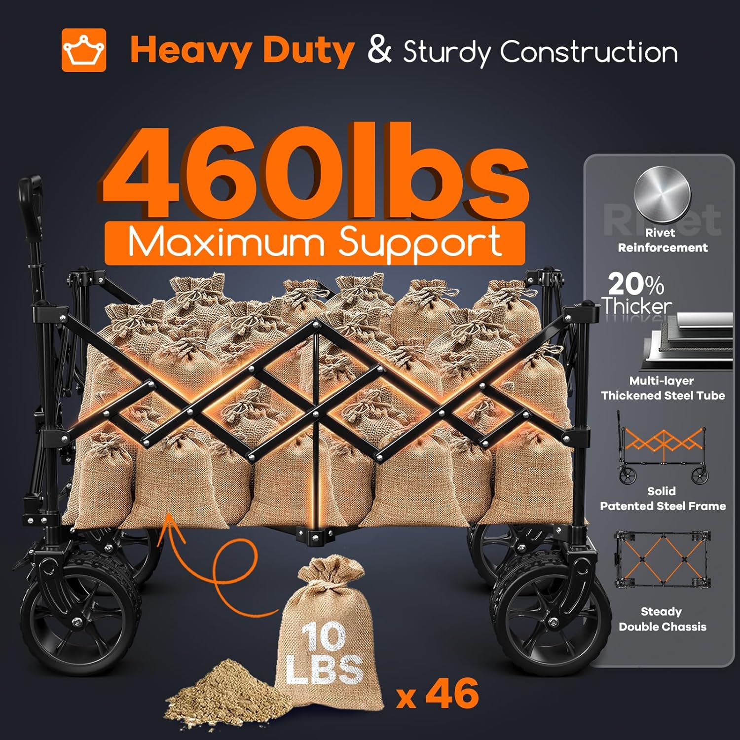 38L Collapsible Wagon Cart Foldable  460LB Weight Capacity 220L Heavy Duty Folding Beach Wagons with Big All-Terrain Wheels  Utility Carts for Groceries  Shopping  Camping  Sports - Black