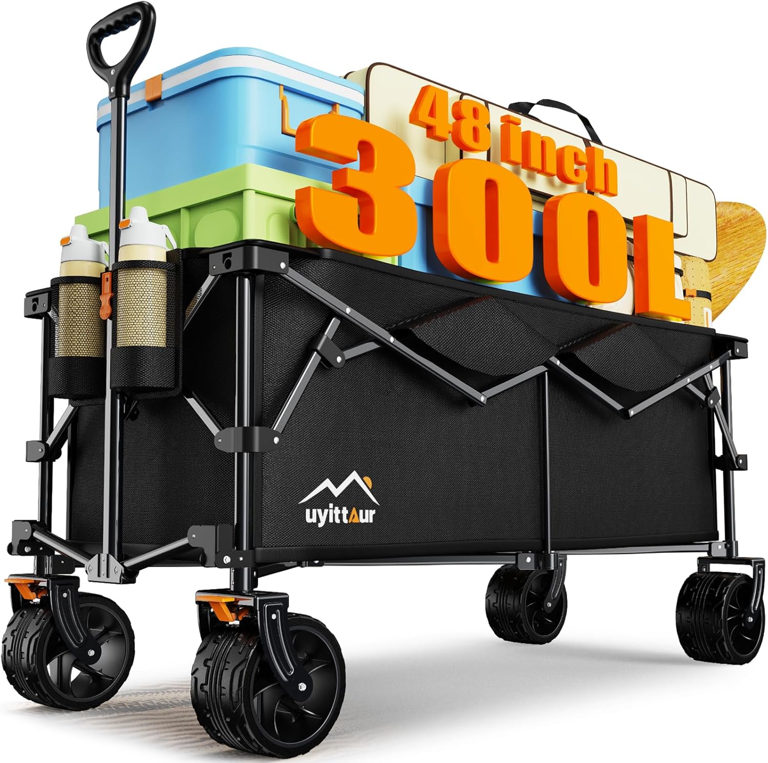 300L Extra Large Collapsible Foldable Wagon  440lbs Load Capacity 48''L Extended Heavy Duty Folding Beach Wagon with Big All-Terrain Wheels  Utility Garden Cart for Outdoor Activities  Black